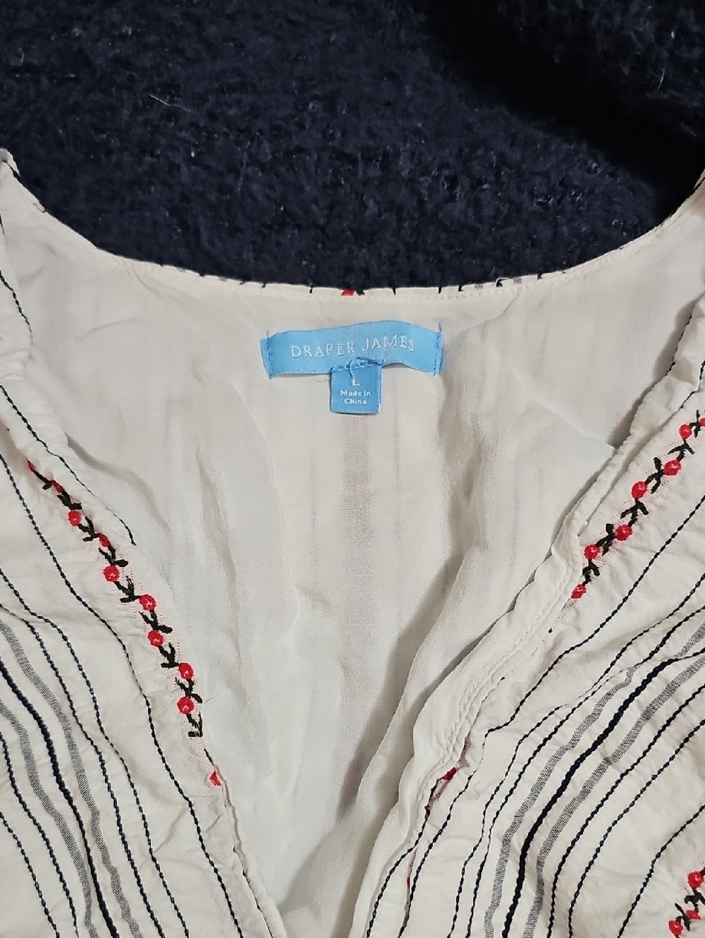 Draper James Cream Striped V-Neck Blouse with Red Embroidery